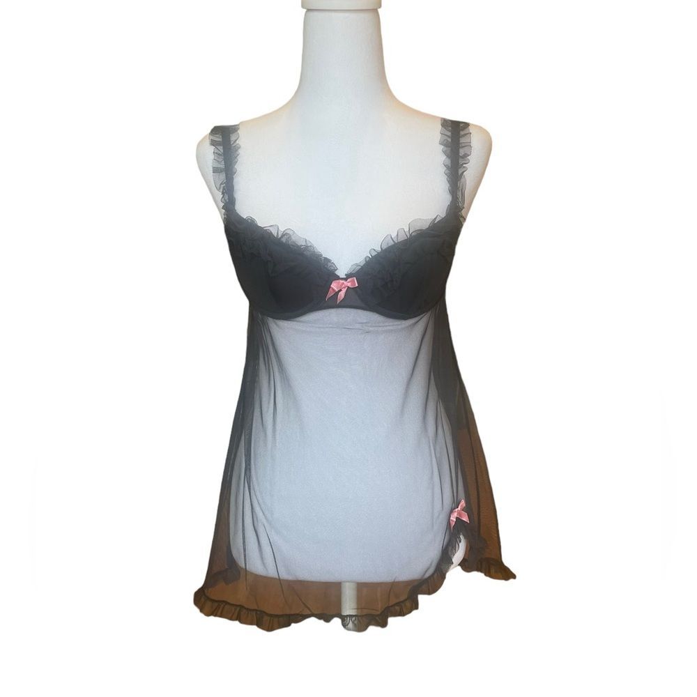 Victorias Secret Sheer Black Ruffle Bra Lingerie Babyboll Dress Size 34B